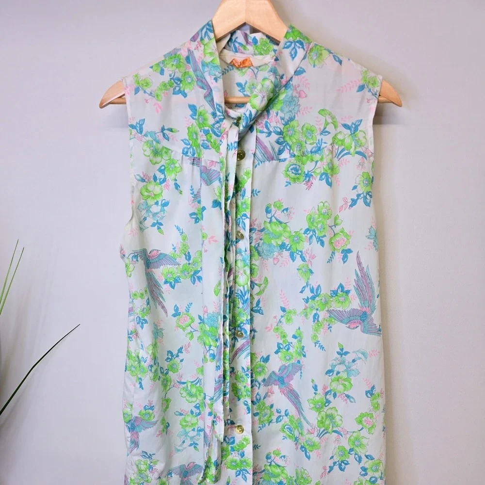 Vintage Sears Perma Prest Sleeveless Tie Neck Tunic Blouse Bird Floral Pastel XL